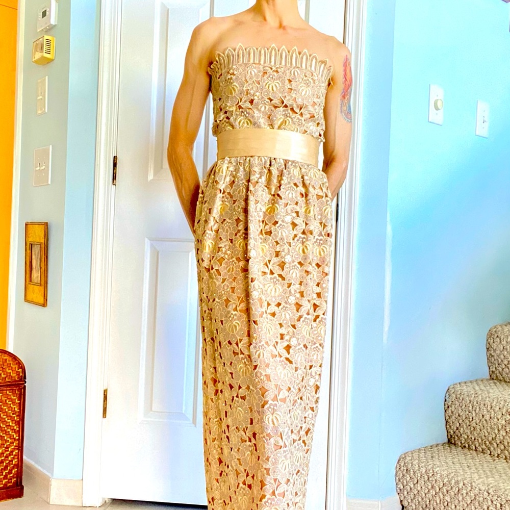 Handmade Design Champagne Lace Strapless Sparkle Gown. - Picture 2 of 9